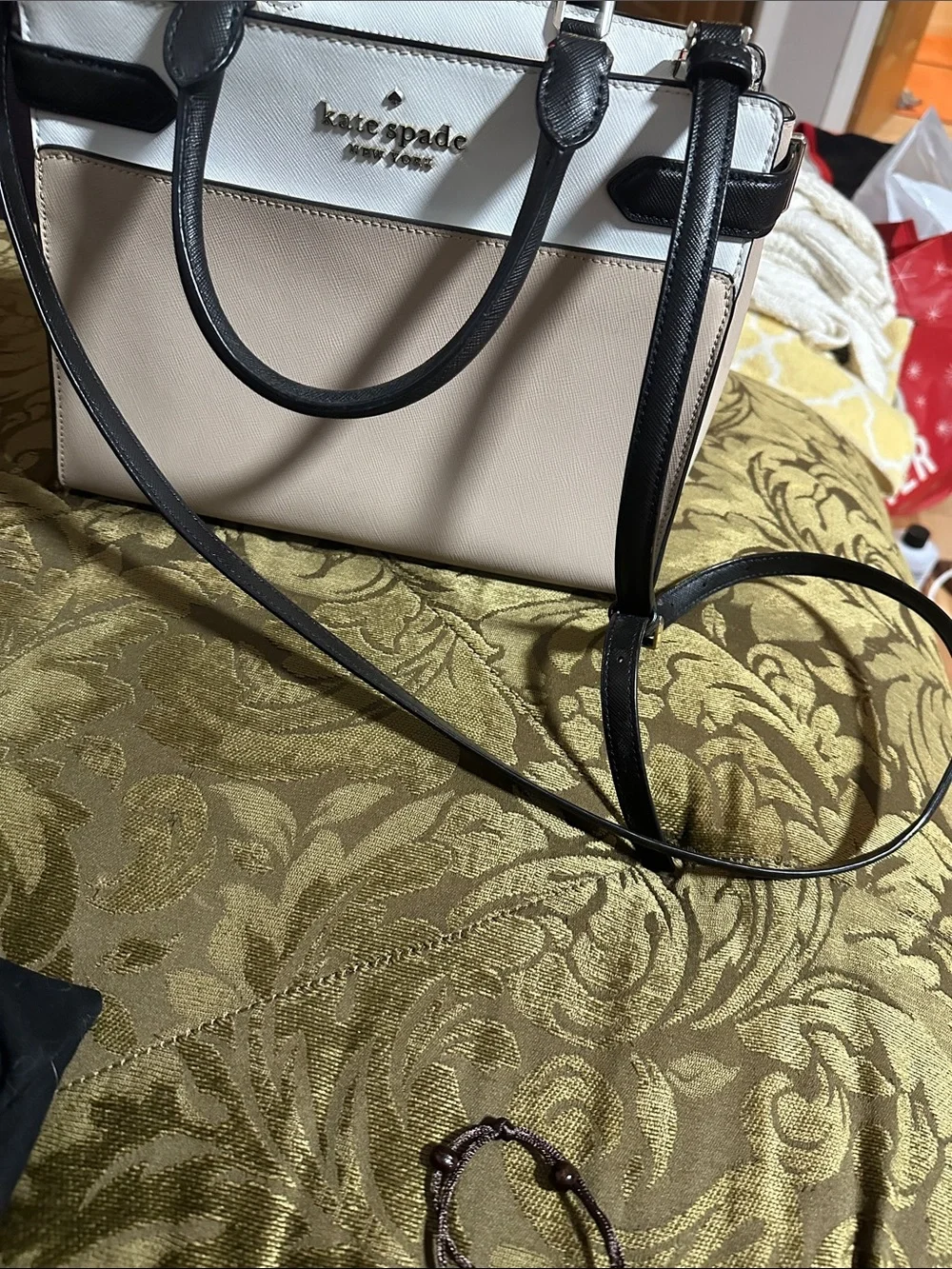 kate spade Two-Tone Leather Satchel in White, Cream & Black Trim cross body